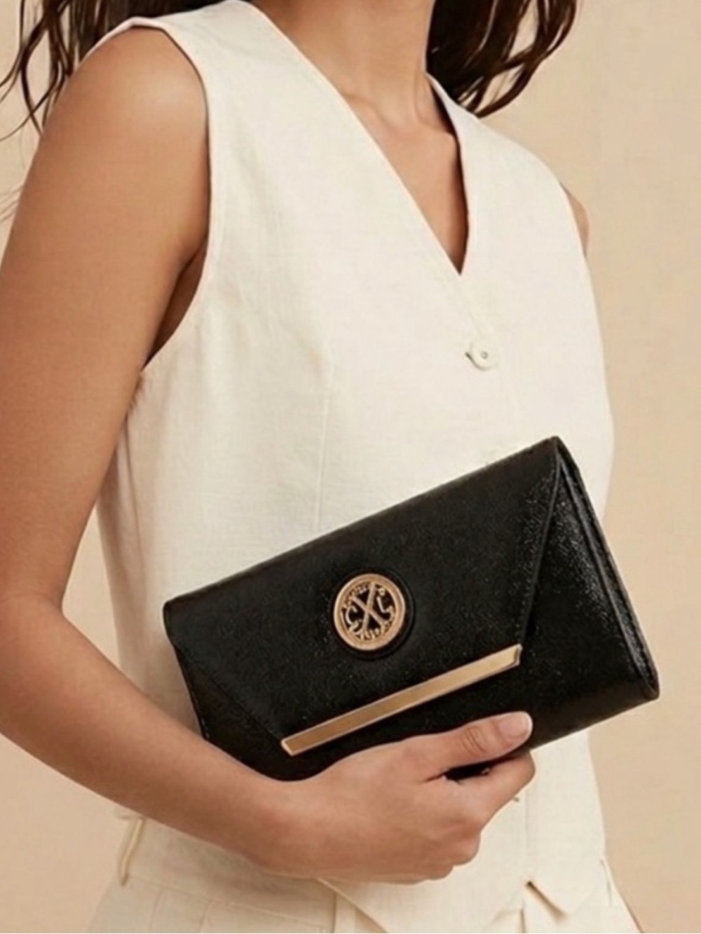 Christian Lacroix Glam Caviar Black Clutch with Gold Chain Strap, NEW